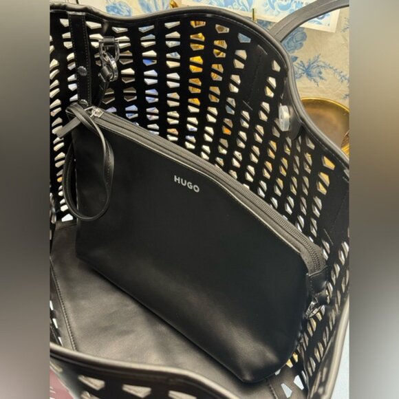 🆕 HUGO 🧿 NWT CHRIS Laser Cut Shoulder Bag Set - Tote Bag & Pouch - Black - Picture 9 of 16